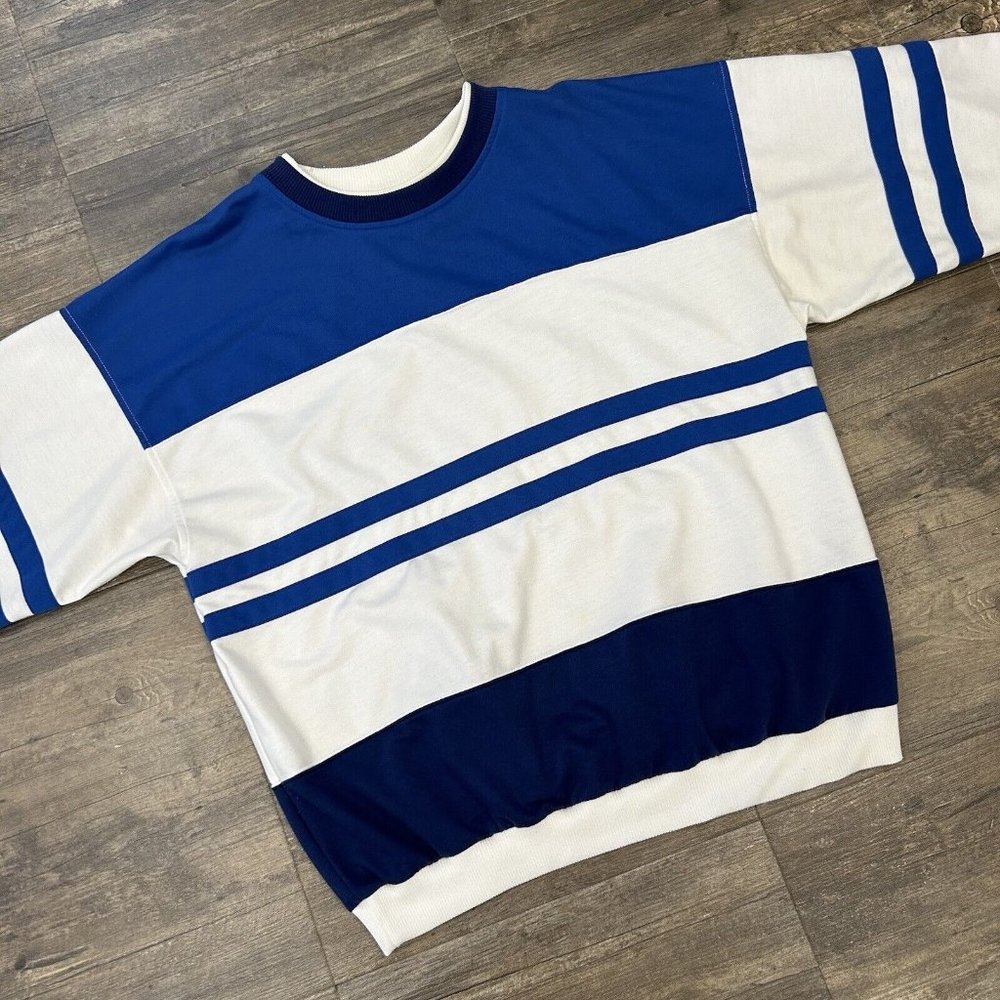 Vintage Steeplechase Blue Striped Double Neck Crewneck‎ Sweatshirt Men Size XXL